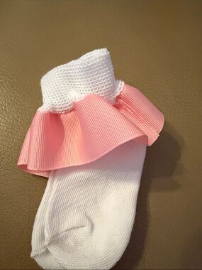 Hand Crafted White Baby Sock with Pink Ruffle